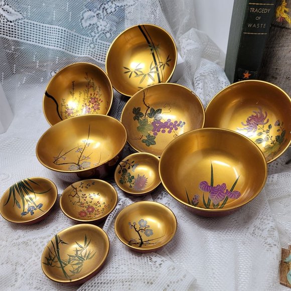 Vintage Wood Lacquer Bowl Set 11 Pc Set SZK - Picture 15 of 16